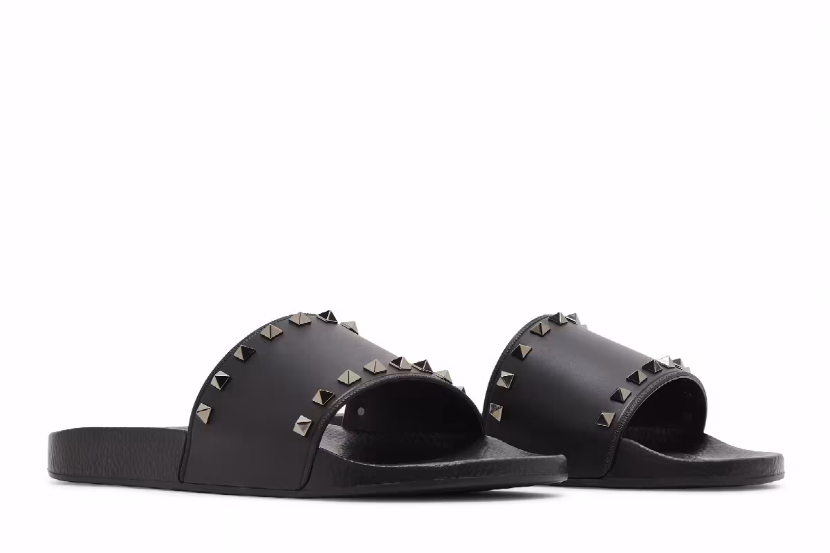 Valentino Rockstud Rubber Slider Sandal Black, view 9