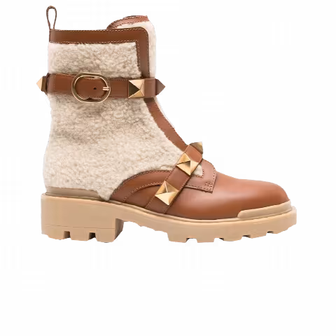 Valentino Wmns Roman Stud 40mm Combat Boot 'Brown Sherpa'