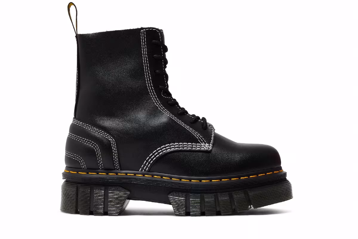 Dr. Martens Women's Audrick Leather Platform Lace Up Boot White Stitch - Black, view 2