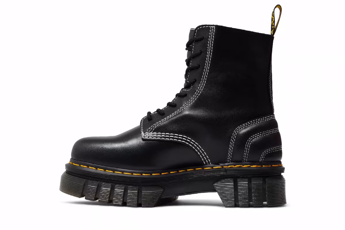 Dr. Martens Women's Audrick Leather Platform Lace Up Boot White Stitch - Black, view 4