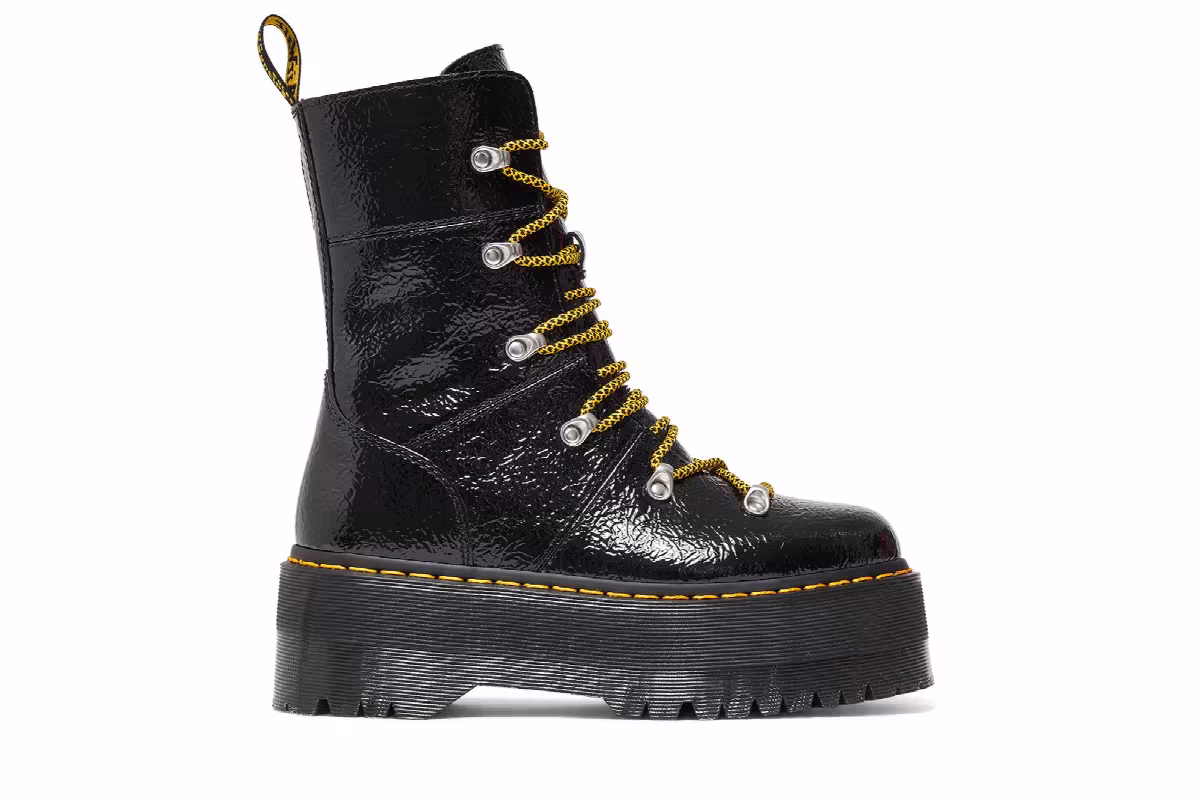 Dr. Martens Women's Ghilana Max Distressed Patent Leather Platform Boot Black, view 2