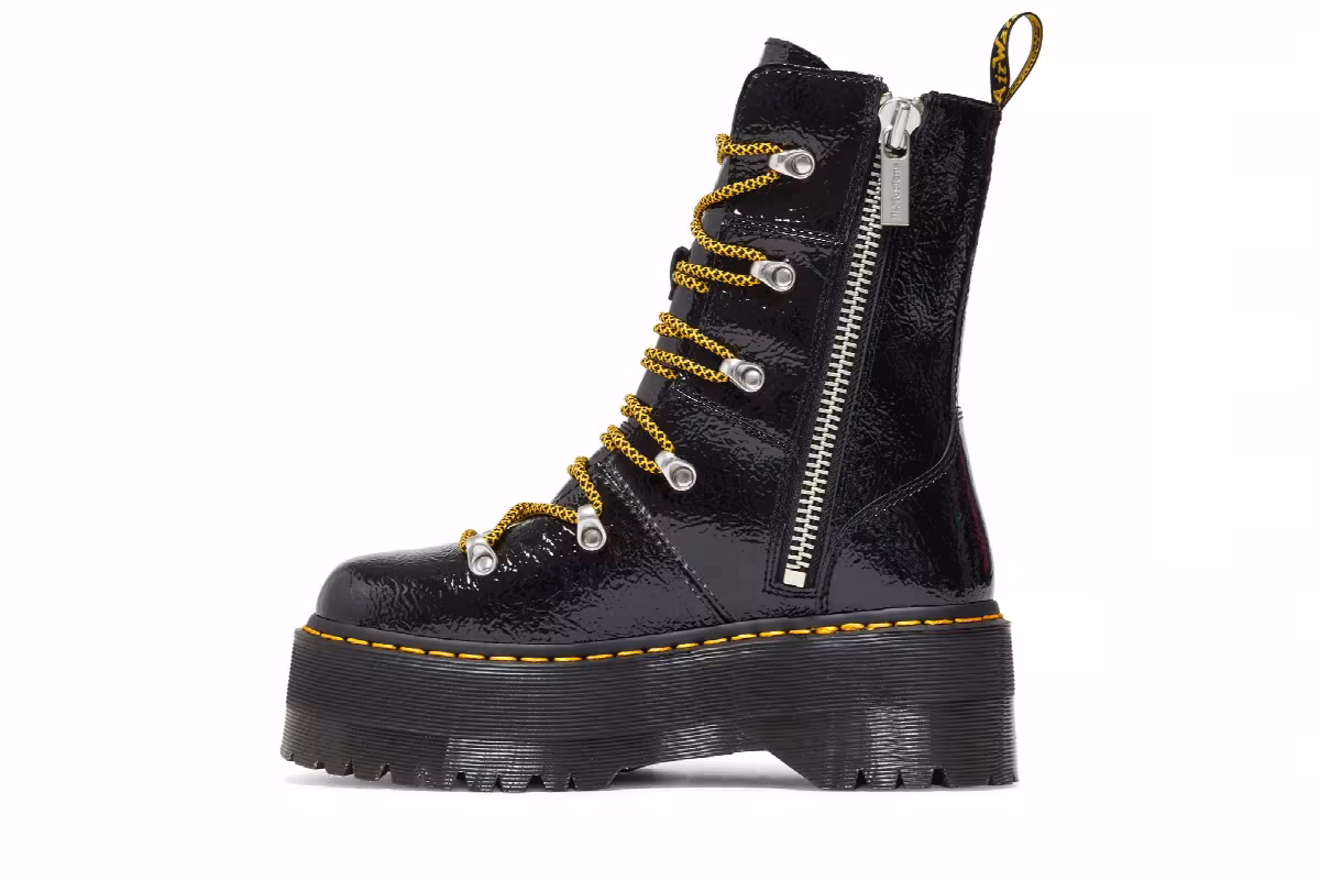 Dr. Martens Women's Ghilana Max Distressed Patent Leather Platform Boot Black, view 4