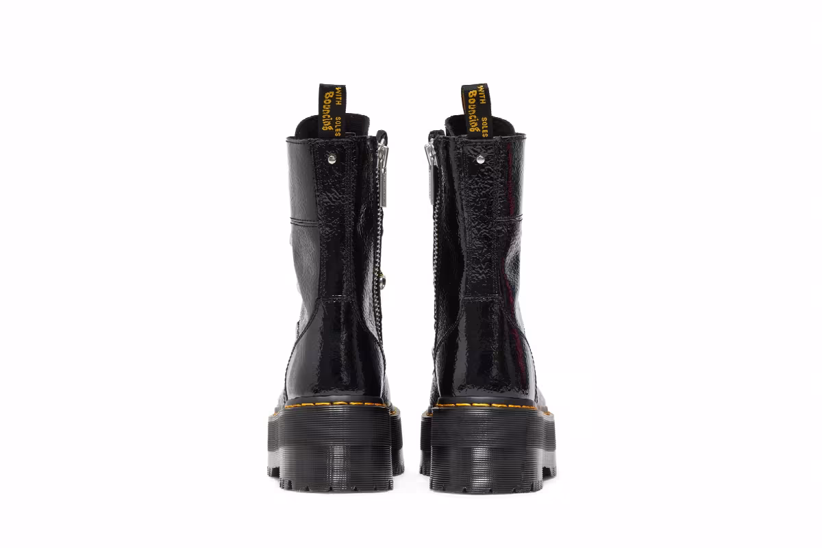 Dr. Martens Women's Ghilana Max Distressed Patent Leather Platform Boot Black, view 7