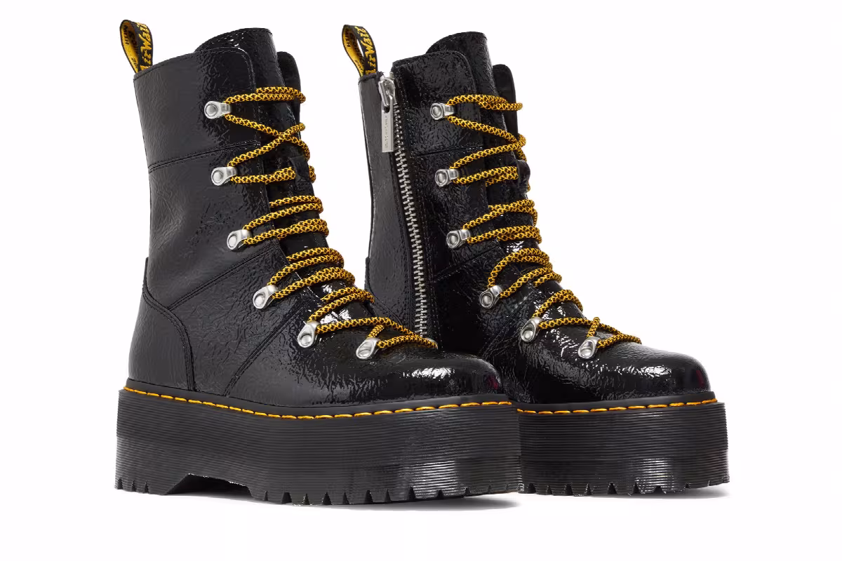 Dr. Martens Women's Ghilana Max Distressed Patent Leather Platform Boot Black, view 9