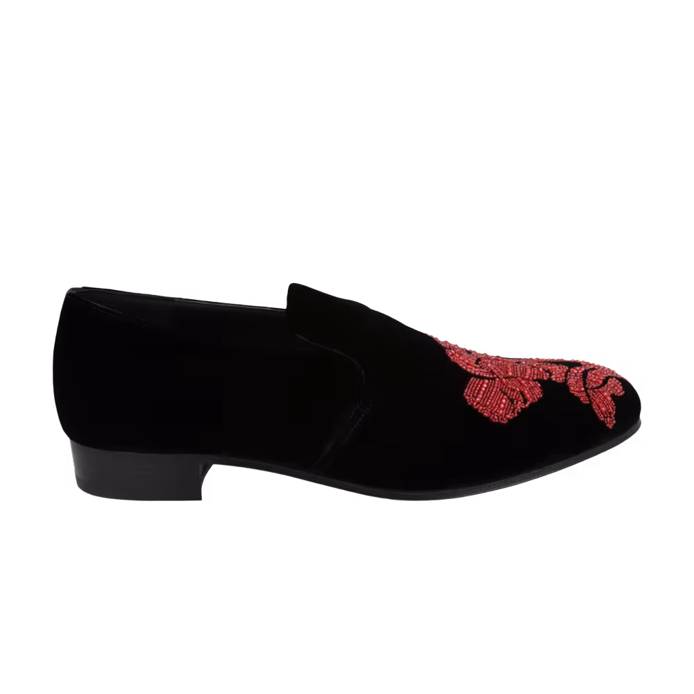 Ferragamo Beaded Orchid Velvet Loafer Black Red