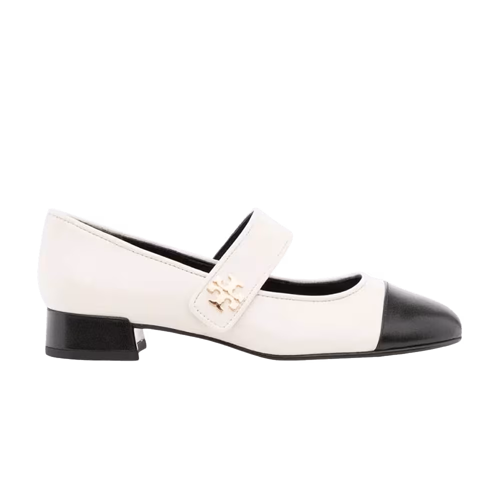 Tory Burch Women's Cap-Toe Mary Jane Heel Ballet Light Cream Perfect Black