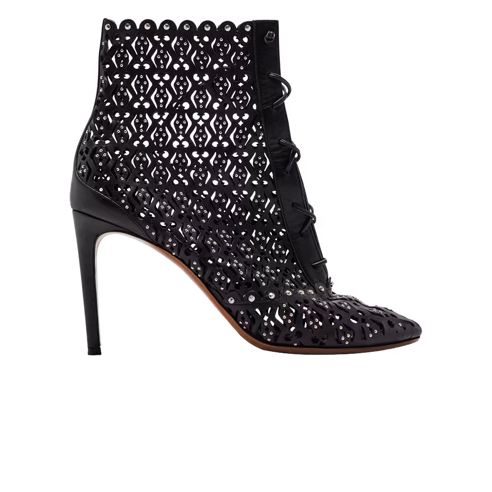 Alaïa Women's Embellished Laser Cut Lace Up Heeled Boot Black