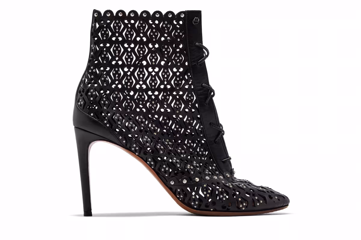 Alaïa Women's Embellished Laser Cut Lace Up Heeled Boot Black, view 2