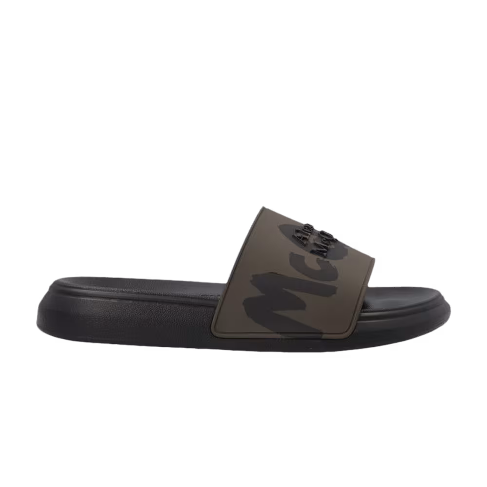 Alexander McQueen Women's Rubber Pool Slide Graffiti Logo - Green Black