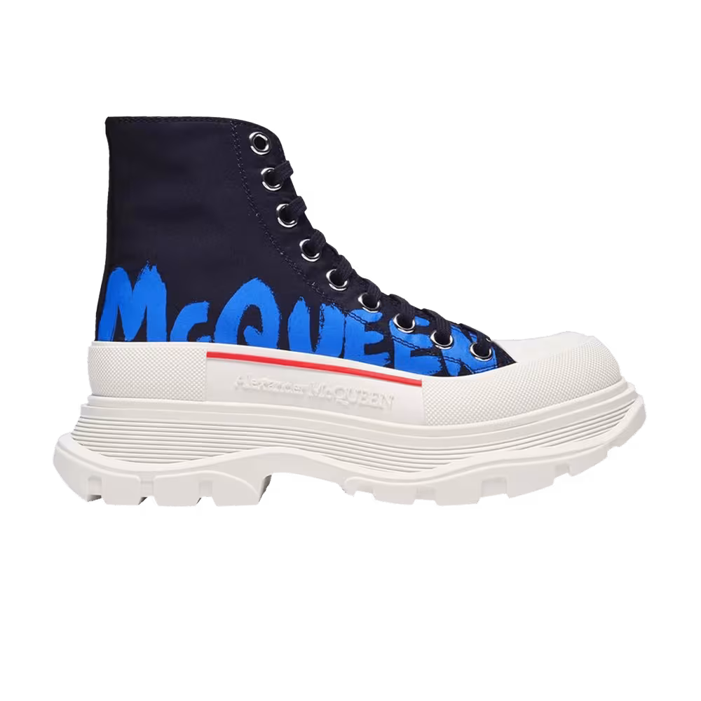 Alexander McQueen Women's Tread Slick Boot McQueen Graffiti Logo - Black Blue