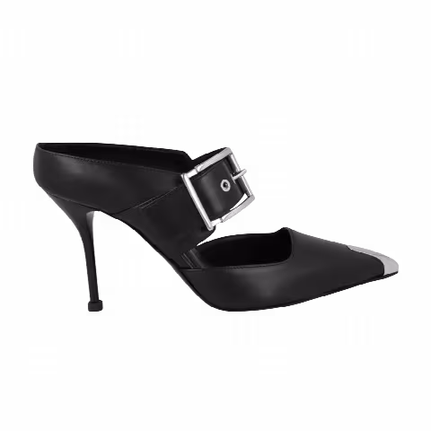 Alexander McQueen Wmns Buckle Leather Mule 'Black Silver'