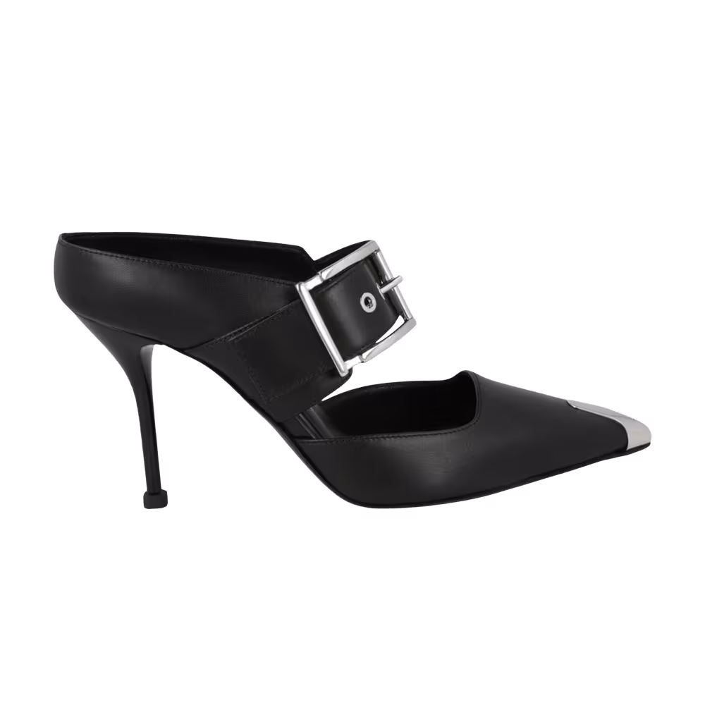 Alexander McQueen Women's Buckle Leather Mule Black Silver