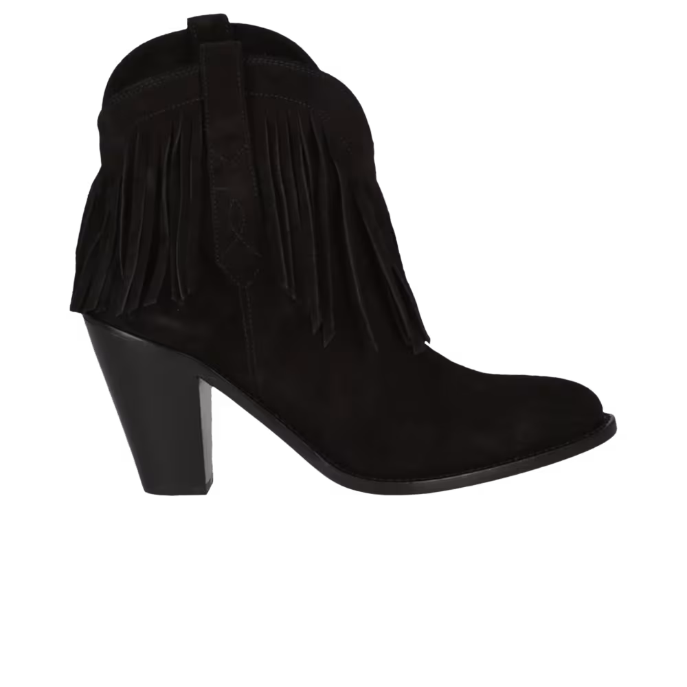 Saint Laurent Women's Western Fringed Ankle Boot Black Suede