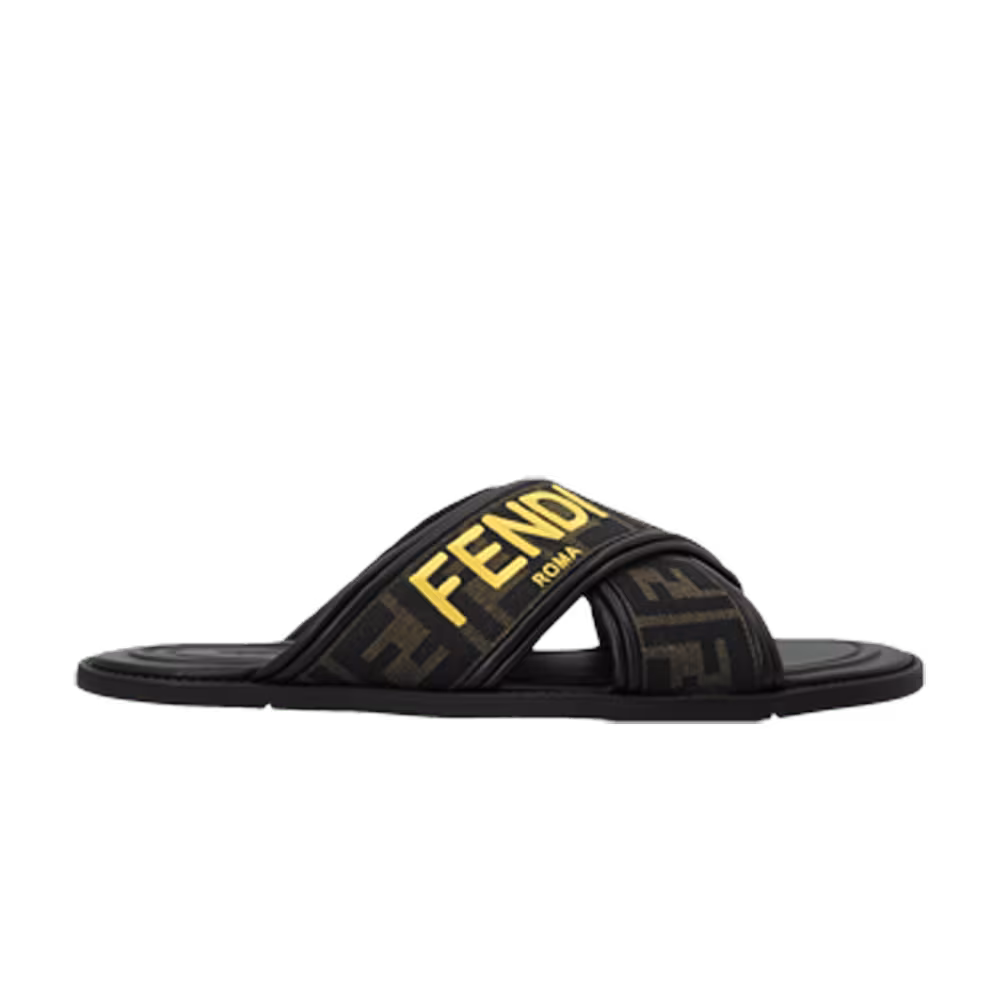 Fendi FF Motif Fabric Slide Embroidered Logo - Tobacco