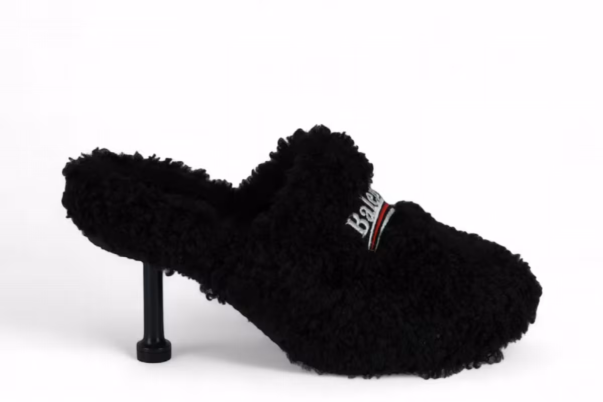 Balenciaga Women's Political Campaign Furry 80mm Mules Black White Red, view 2