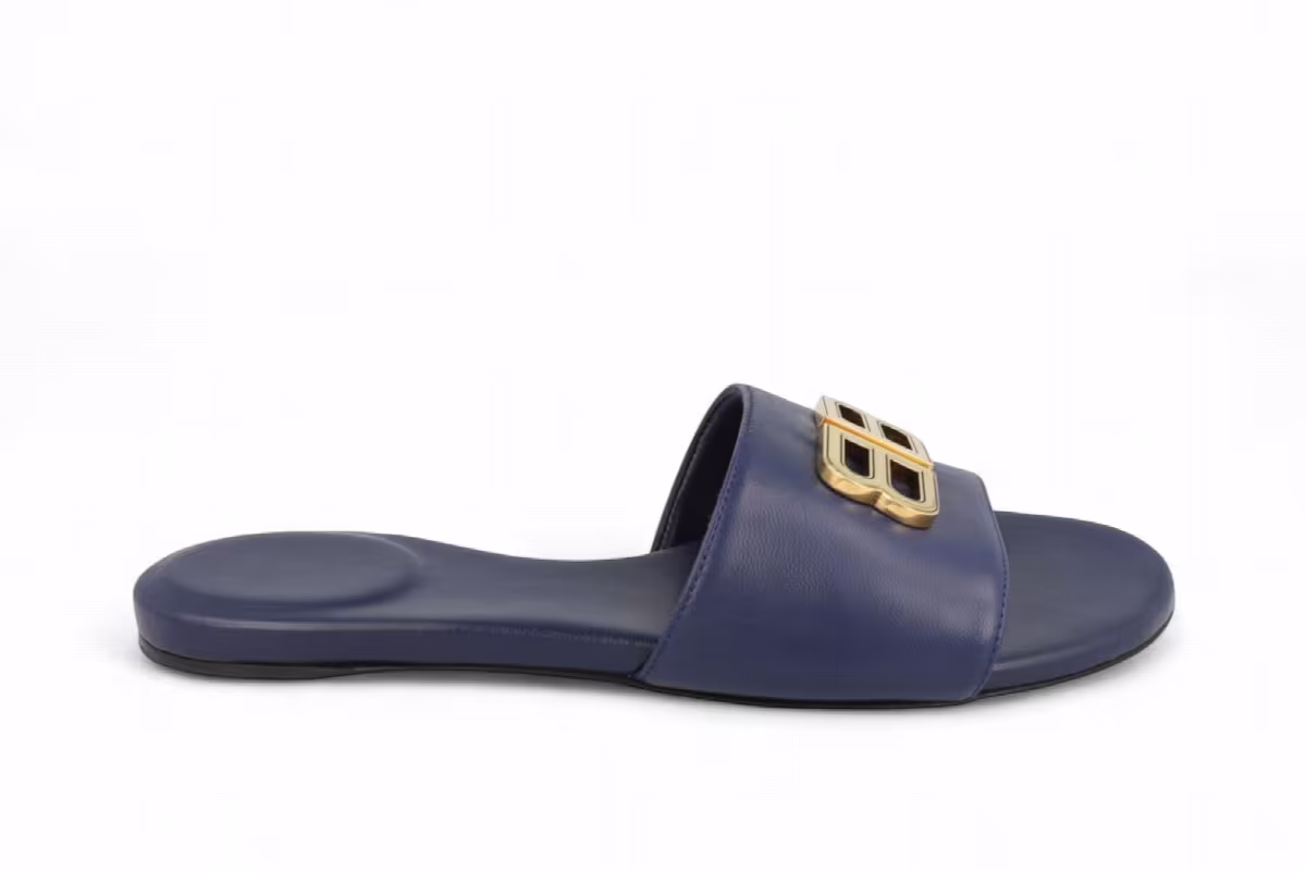 Balenciaga Women's Groupie Flat Sandals Navy Gold, view 2
