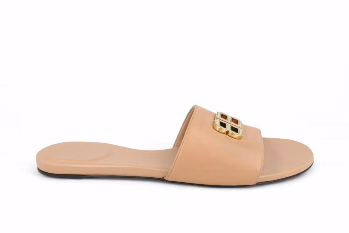 Balenciaga Women's Groupie Flat Sandals Nude Beige Gold, view 2