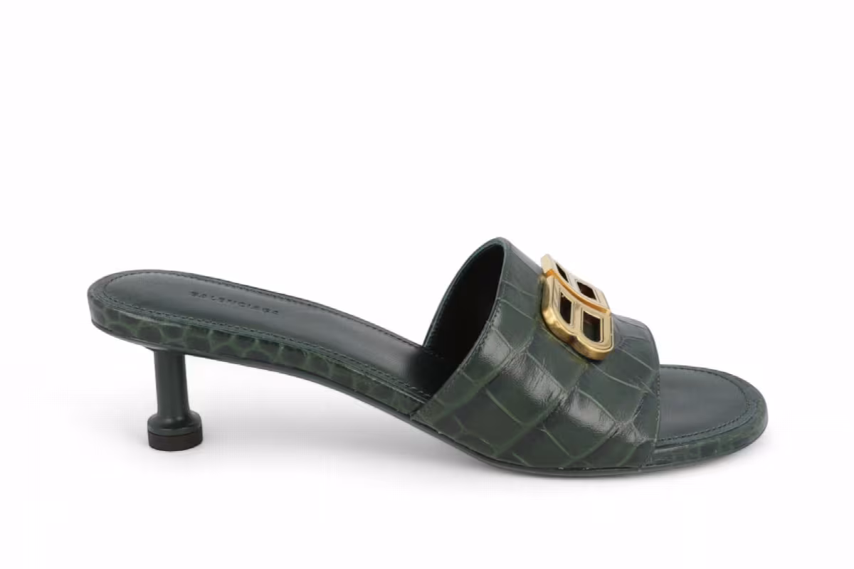 Balenciaga Women's Croc-Embossed Groupie Bb Mules Green Gold, view 2