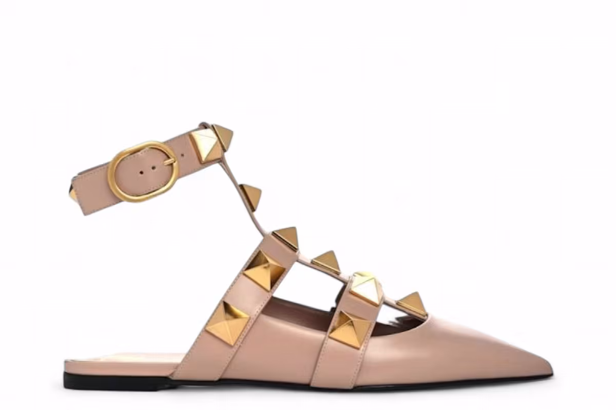 Valentino Garavani Women's Roman Stud Calfskin Low Ballet Flat Beige, view 2