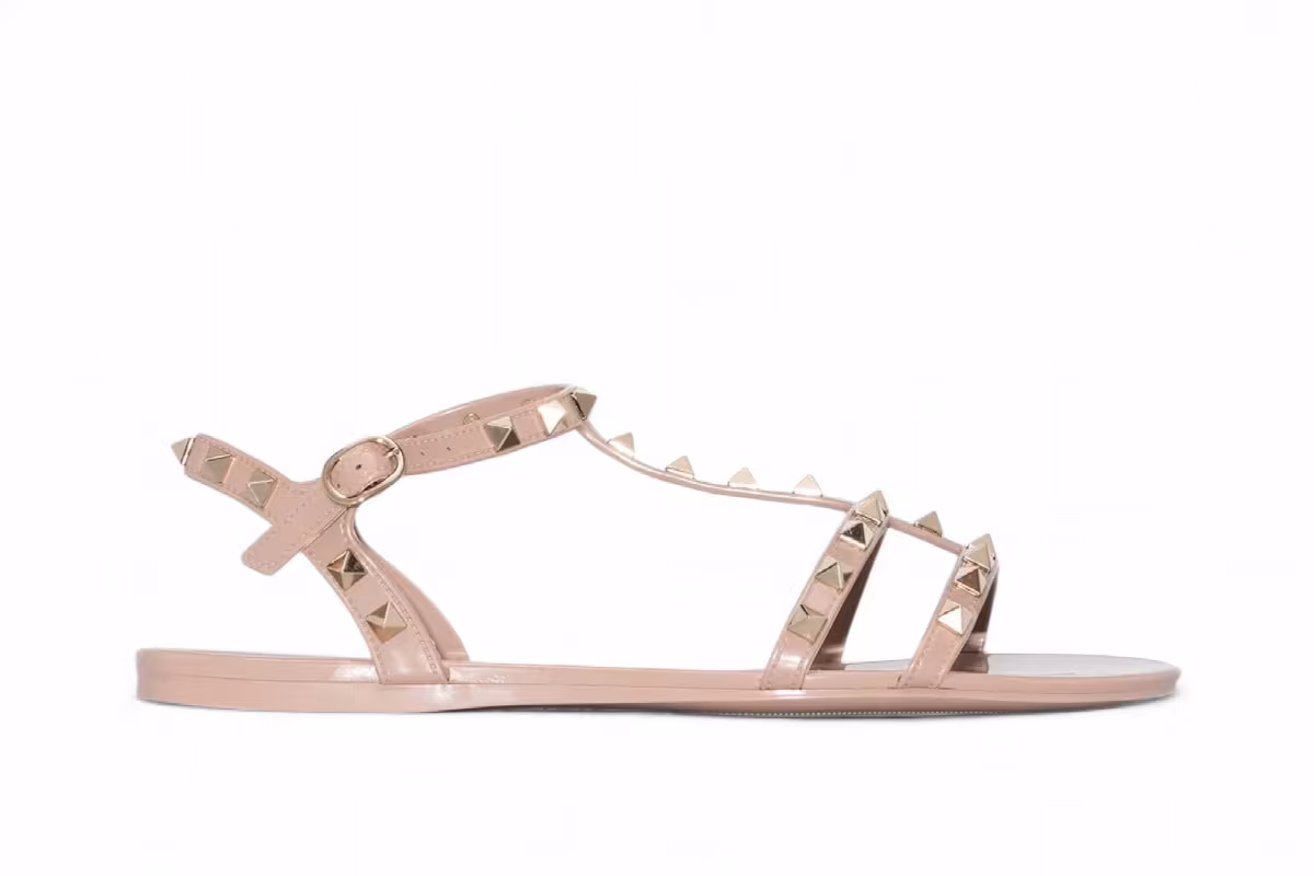 Valentino Garavani Women's Rockstud Flat Sandals Powder Pink, view 2