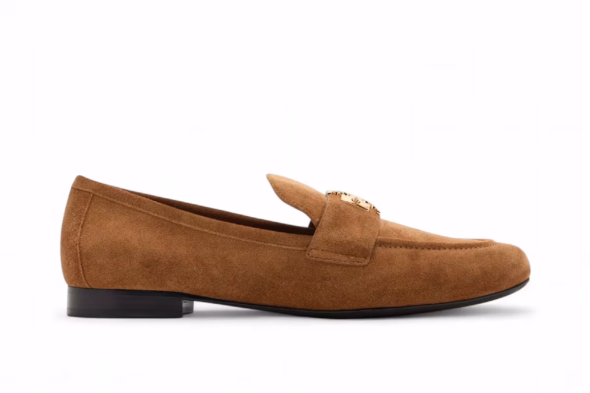 Tory Burch Women's Charlie Logo-Plaque Suede Loafers Toffee, view 2