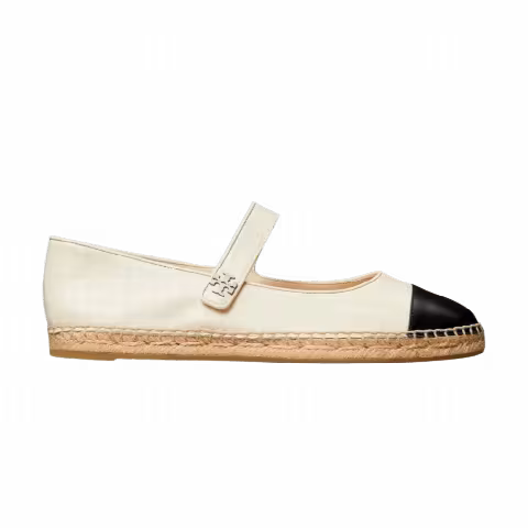 Tory Burch Cap-Toe Mary Jane Espadrille Flats 'Light Cream Perfect Black'