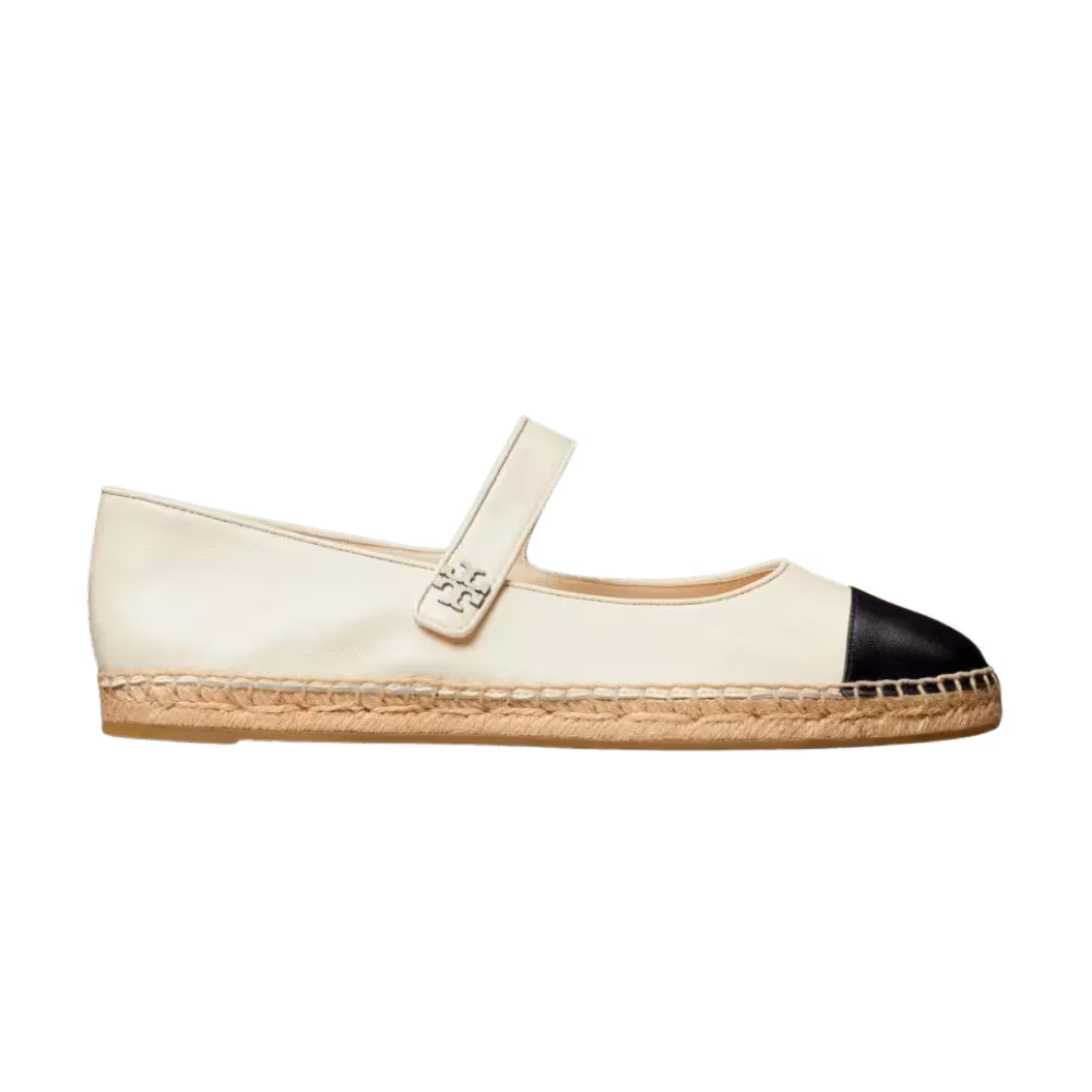 Tory Burch Cap-Toe Mary Jane Espadrille Flats Light Cream Perfect Black