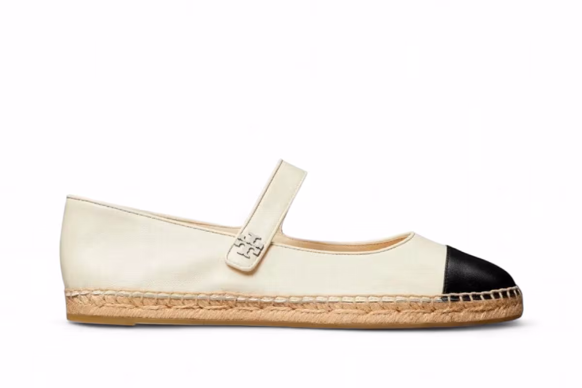 Tory Burch Cap-Toe Mary Jane Espadrille Flats Light Cream Perfect Black, view 2