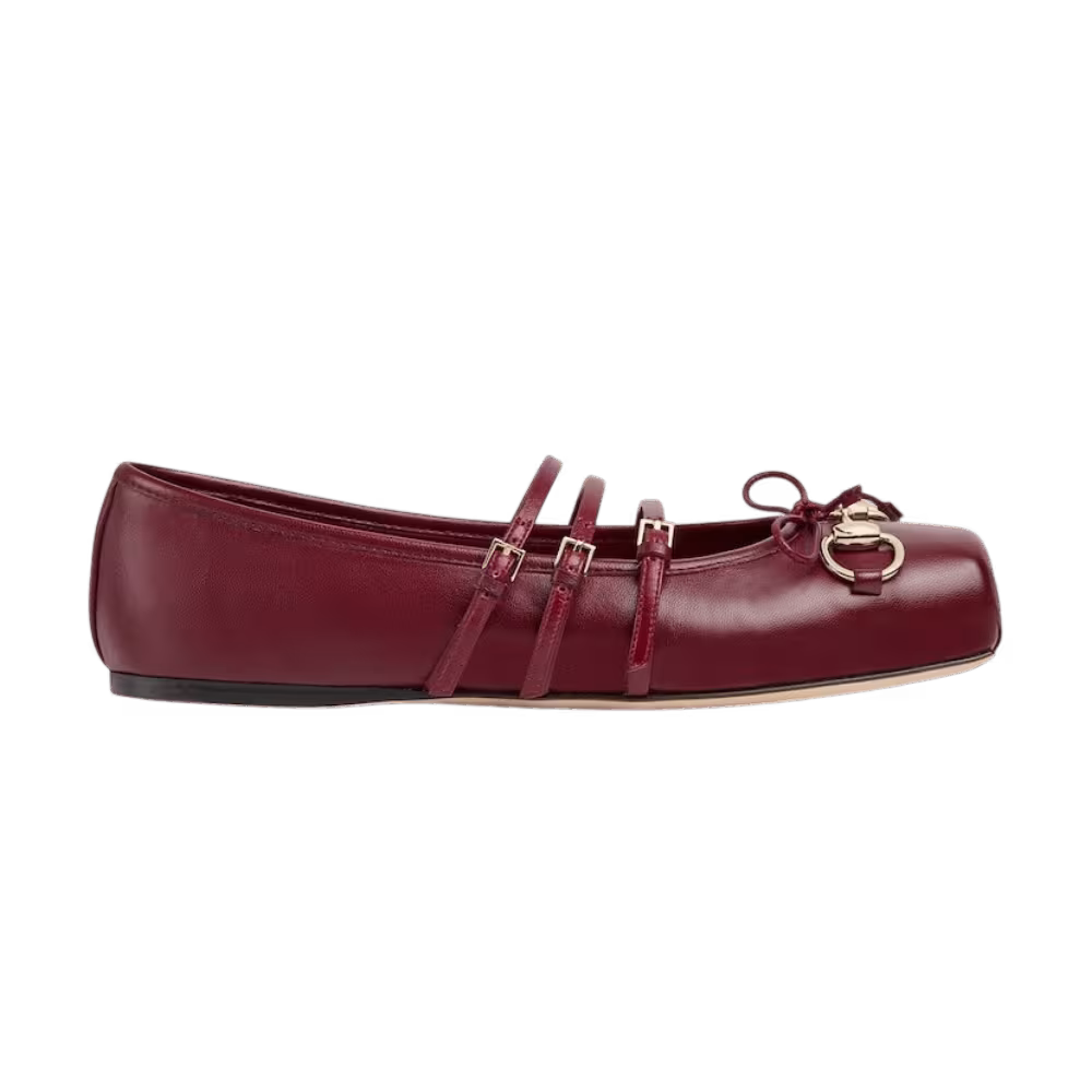 Gucci Women's Horsebit Three-Strap Ballet Flats Rosso Ancora