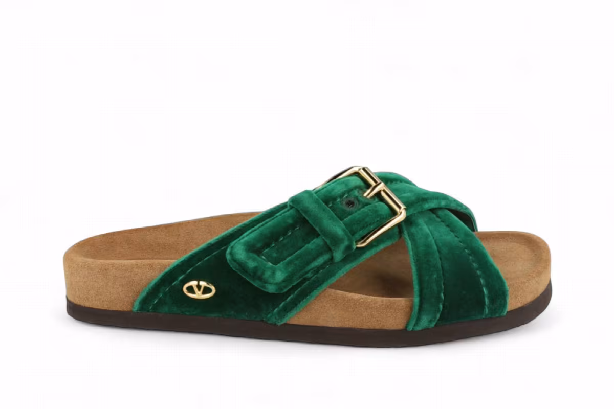 Valentino Garavani Women's Vlogo Buckled Velvet Slides Fussfriend, view 2