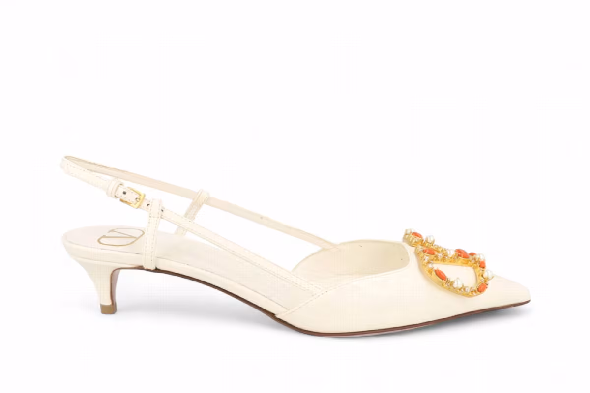 Valentino Garavani Women's Beaded Vlogo Slingback Kitten Heels Ivory, view 2