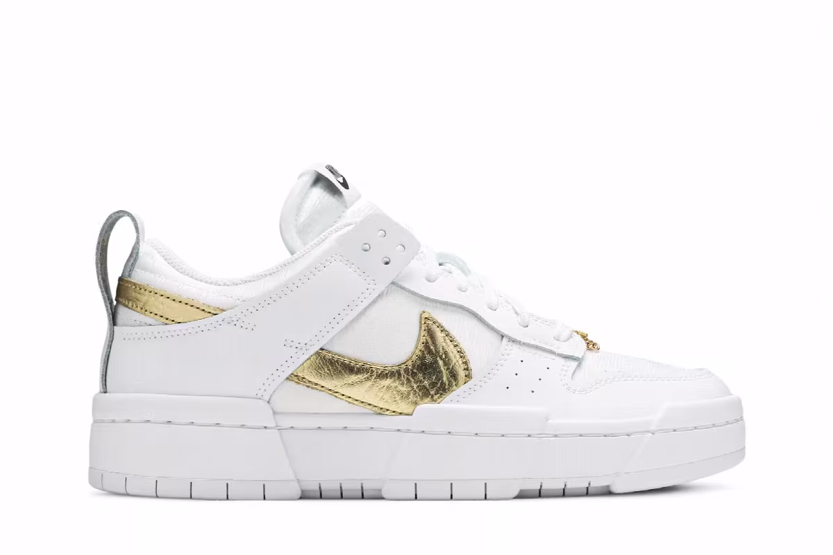 Nike Women's Dunk Low Disrupt White Metallic Gold, view 2