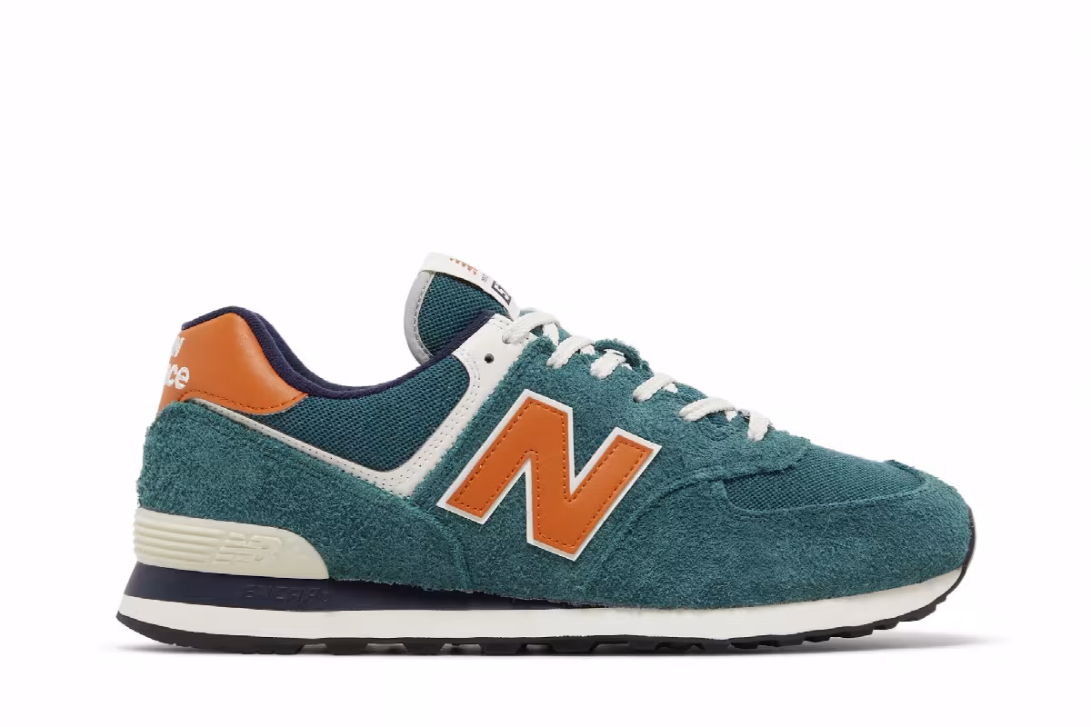 New Balance 574 Aqua Green Orange, view 2
