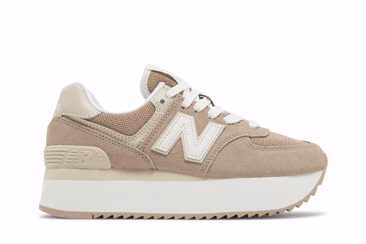 New Balance Women's 574+ Driftwood Timberwolf, view 2
