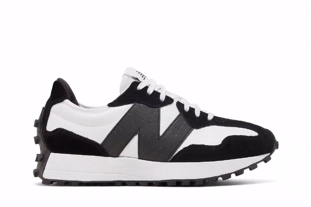 New Balance Women's 327 Black White Crocodile, view 2