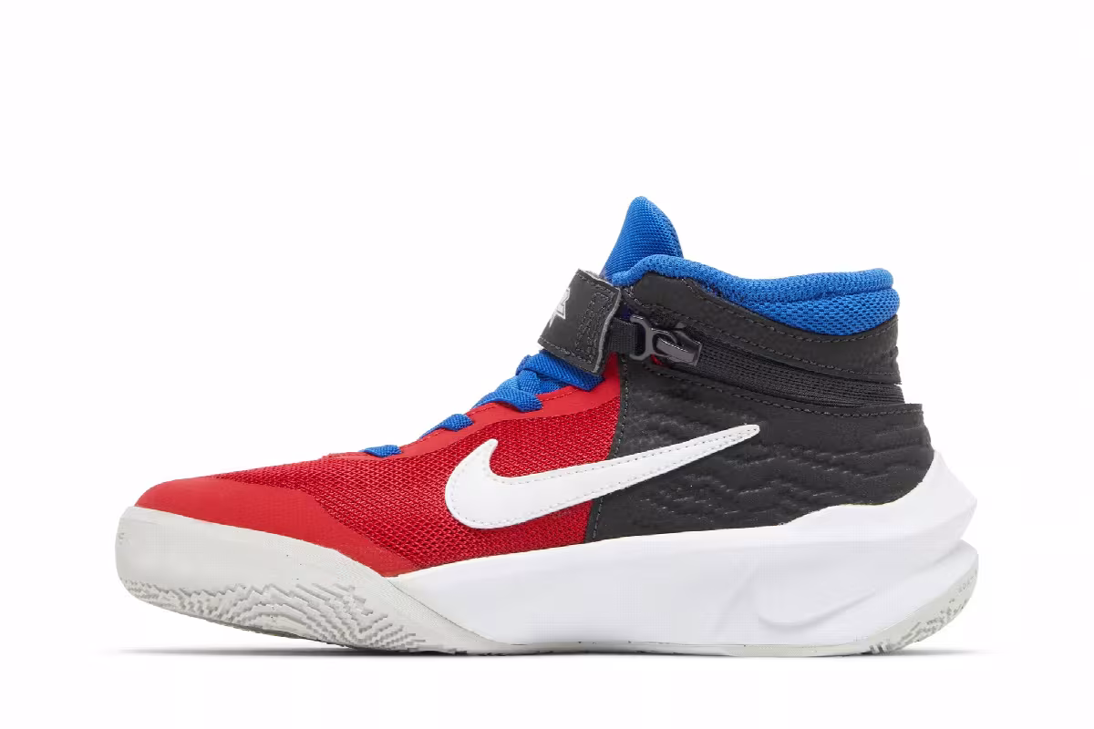 Nike Team Hustle D10 FlyEase GS University Red Game Royal, view 4