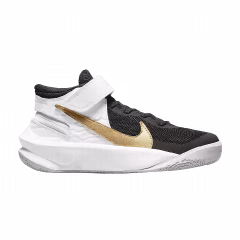 Nike Team Hustle D10 FlyEase GS 'Black White Metallic Gold'