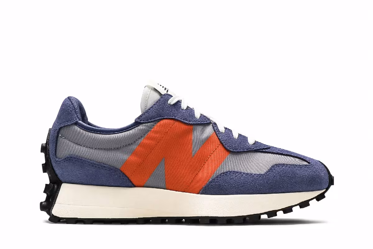 New Balance Women's 327 Magnetic Blue Varsity Orange, view 2