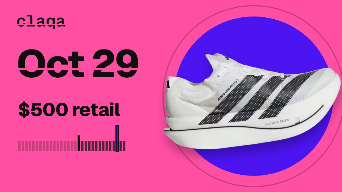 adidas Adizero Adios Pro Evo 3 “Cloud White Core Black Solar Turbo” sneaker with its release date, Oct 29, and $500 retail