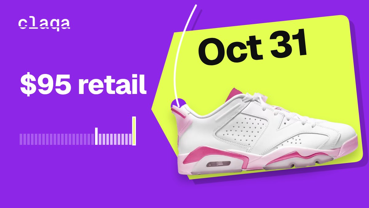Air Jordan 6 Retro Low GS “China Rose” sneaker with its release date, Oct 31, and $95 retail