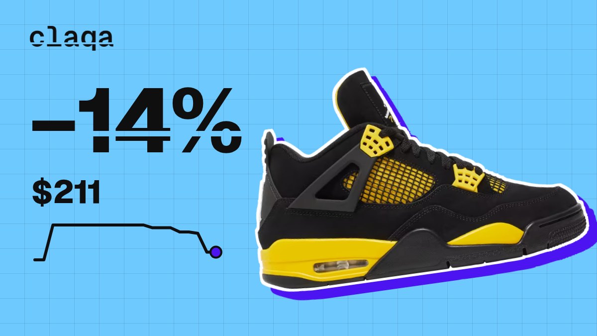 Air Jordan 4 Retro “Thunder” 2023 sneaker with a −14% price change to $211